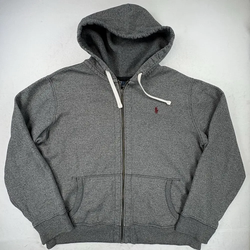 Polo Ralph Lauren Hoodie Mens XL Gray Full Zip Fleece Kangaroo Pocket Logo